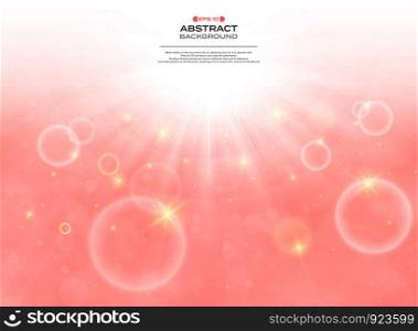 Abstract sunny day with clouds background on pink living coral color sky, vector eps10