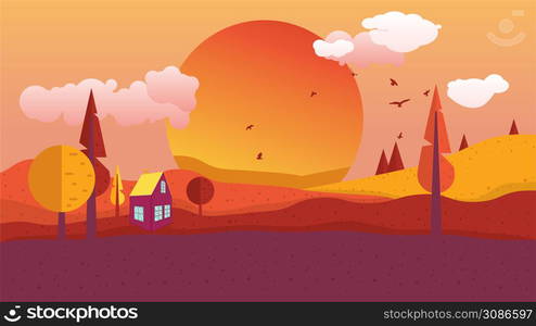 Abstract sunset landscape in simple retro style illustration.