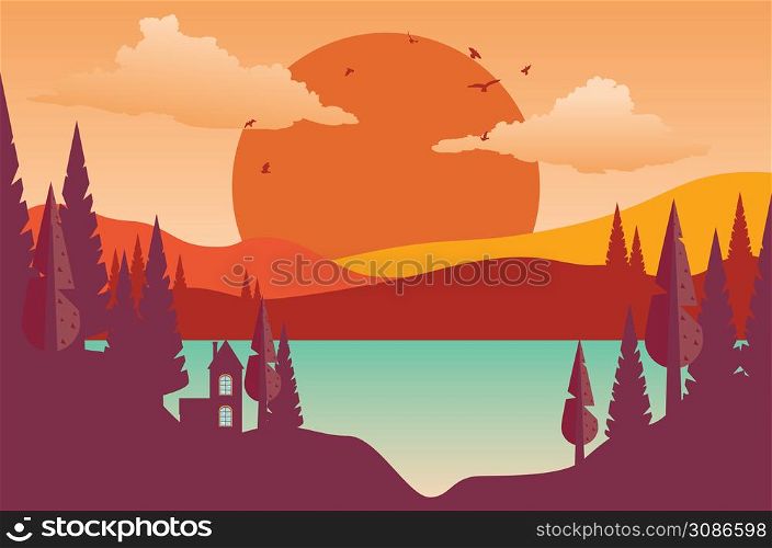Abstract sunset landscape in simple retro style illustration.