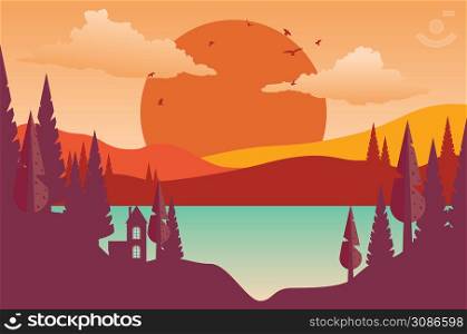 Abstract sunset landscape in simple retro style illustration.