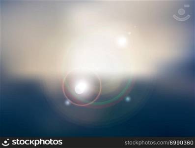 Abstract sunset or sunrise sky and sun shining blurred background with flare. Vector illustration