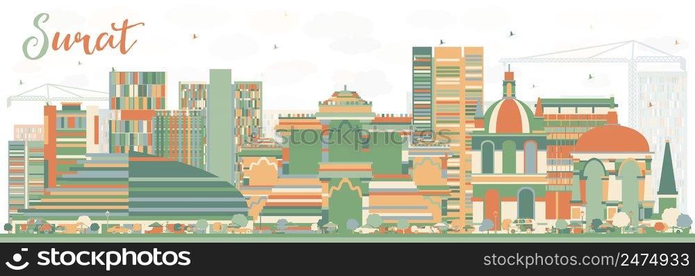Abstract Surat Skyli≠with Color Buildings. Vector Illustration. Busi≠ss Travel and Tourism Concept with Historic Buildings. Ima≥for Presentation Ban≠r Placard and Web Site.