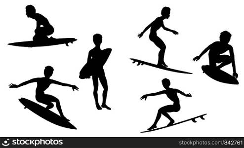 Abstract surfing man black silhouettes set design.