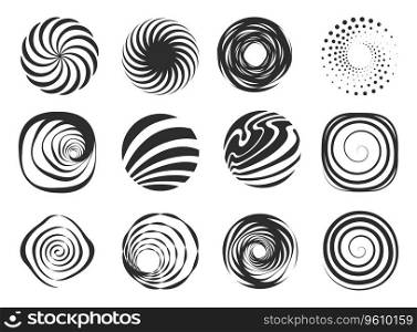 Abstract swirl geometric figures, modern wavy circle spiral abstract elements, motion black border design elements. Illustration of geometric wavy swirl, figure pattern. Abstract swirl geometric figures, modern wavy circle spiral abstract elements, motion black border design elements