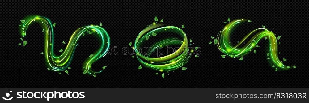 Abstract swirls decorated with green plant leaves png set isolated on transparent background. Wavy wind trails shining with sparkles 3D vector illustration. Symbol of natural purity. Organic concept. Abstract swirls with green plant leaves png set