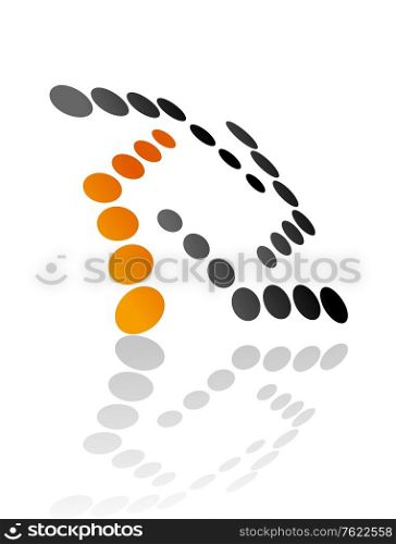 Abstract symbol design of angled lines of black and gold circles reflected in the surface below over a white background