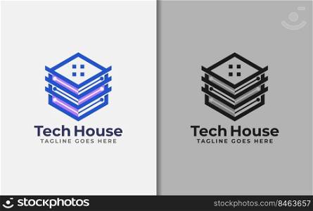 Abstract Tech House Logo Design. Modern House Symbol and Tech Element Combination with Stylish Geometric Lines Concept.