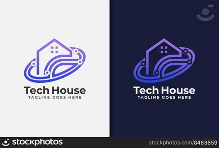 Abstract Tech House Logo Design. Modern House Symbol and Tech Element Combination with Stylish Geometric Lines Concept.