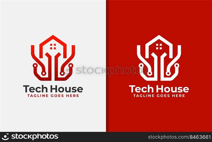 Abstract Tech House Logo Design. Modern House Symbol and Tech Element Combination with Stylish Geometric Lines Concept.