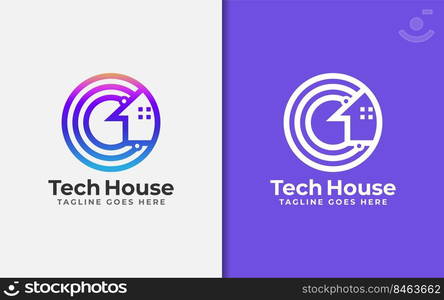 Abstract Tech House Logo Design. Modern House Symbol and Tech Element Combination with Stylish Geometric Lines Concept.