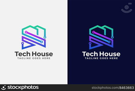 Abstract Tech House Logo Design. Modern House Symbol and Tech Element Combination with Stylish Geometric Lines Concept.