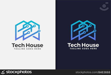 Abstract Tech House Logo Design. Modern House Symbol and Tech Element Combination with Stylish Geometric Lines Concept.