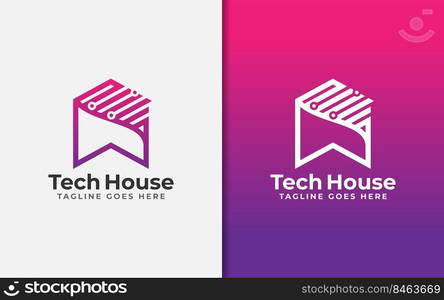 Abstract Tech House Logo Design. Modern House Symbol and Tech Element Combination with Stylish Geometric Lines Concept.