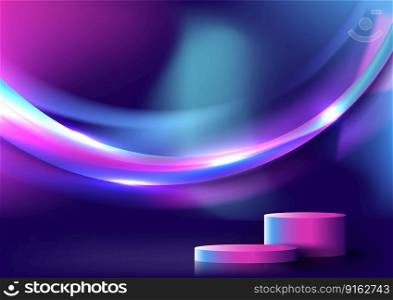 Abstract technology 3D realistic neon colors podium stand with fluid or liquid colorful gradient shape vibrant color blurred background. Product display for tech innovation, studio game room, showroom, showcase, presentation, etc. Vector illustration