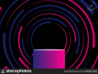 Abstract technology 3D realistic podium stand with blue and pink glowing neon lighting effect circles radius pattern on black background technology futuristic concept. Product display for tech innovation, studio game room, showroom, showcase, presentation, etc. Vector illustration