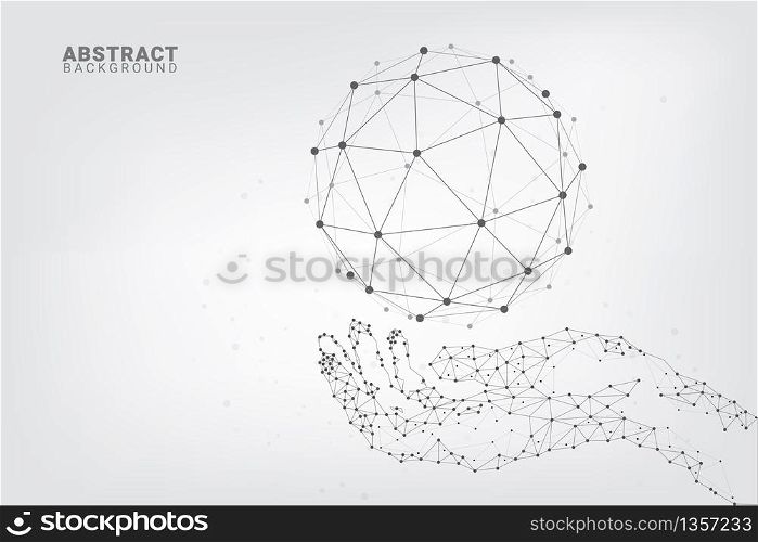 Abstract technology background. Geometric Hands holding globe. Global network connections with points and lines.