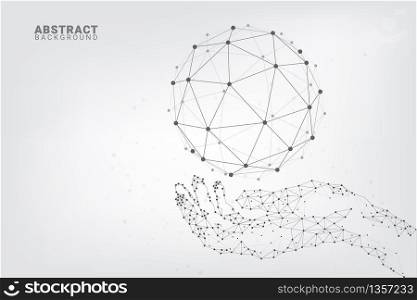 Abstract technology background. Geometric Hands holding globe. Global network connections with points and lines.