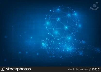 Abstract technology background. Geometric Hands holding globe. Global network connections with points and lines. technology digital world of business information. futuristic blue virtual graphic interface.