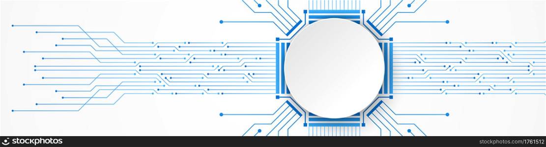 Abstract Technology Background, white circle banner on blue circuit board pattern