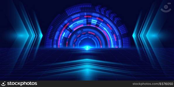 Abstract technology blue circle, light beam and arrow pattern perspective on dark blue grid background Hi-tech communication concept. Digital business. Vector illustration
