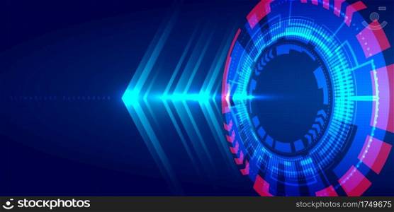 Abstract technology blue HUD circle, light beam and arrow pattern perspective on dark background Hi-tech communication concept. Digital business. Vector illustration