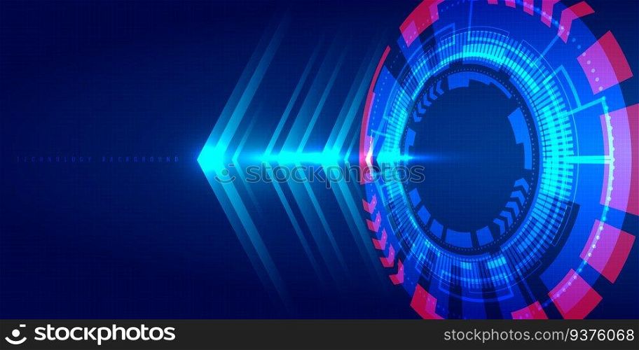 Abstract technology blue HUD circle, light beam and arrow pattern perspective on dark background Hi-tech communication concept. Digital business. Vector illustration
