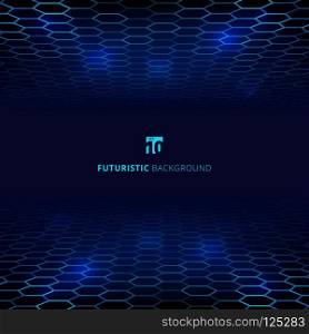 Abstract technology blue wire network futuristic wireframe data visualisation with lighting effect. Big data connection background. Hexagons pattern. Vector illustration