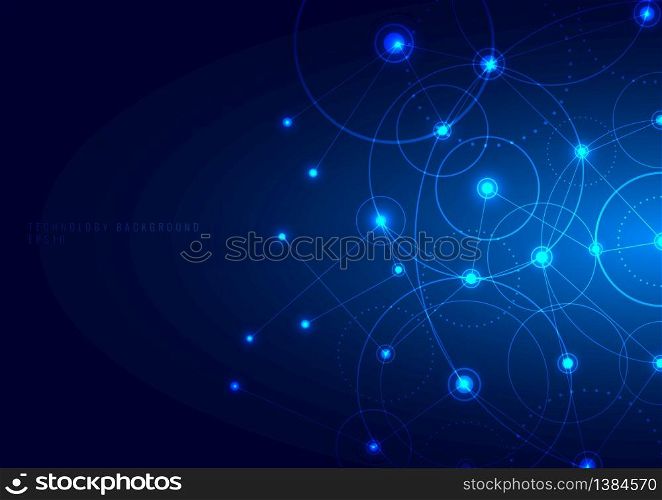 Abstract technology communication with connected geometric circle, line and dot on glowing blue background with space for your text. Vector illustration