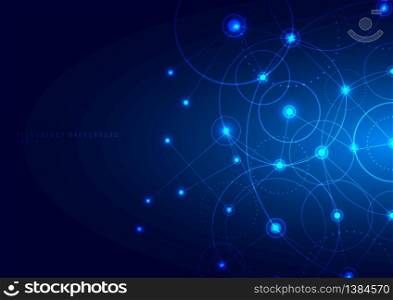 Abstract technology communication with connected geometric circle, line and dot on glowing blue background with space for your text. Vector illustration