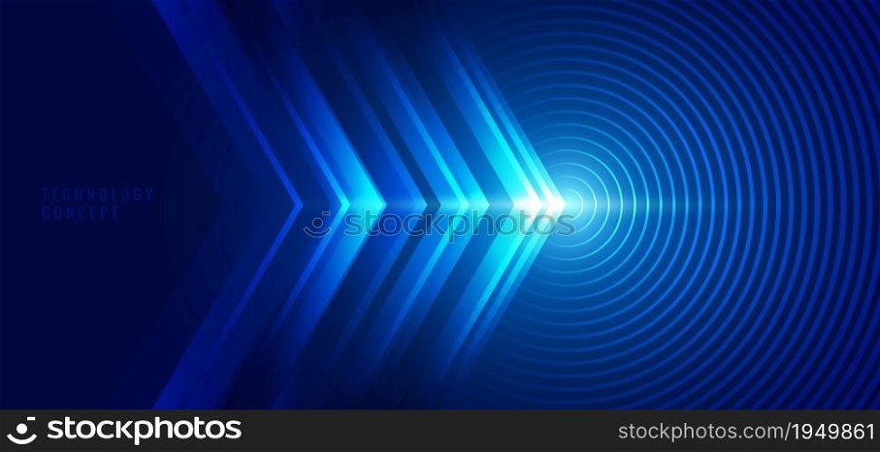 Abstract technology concept blue arrows with circles lines and lighting effect background. Vector graphic illustration