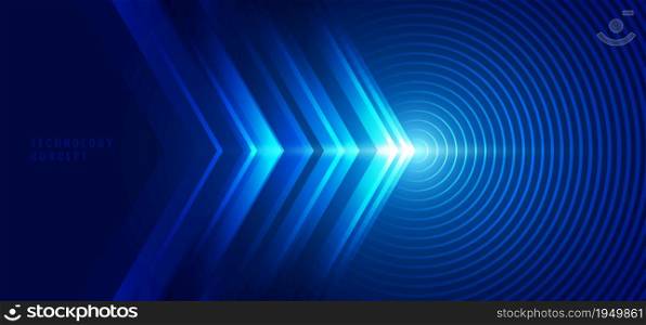 Abstract technology concept blue arrows with circles lines and lighting effect background. Vector graphic illustration