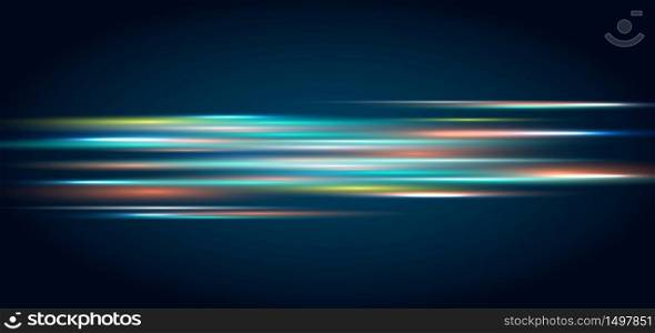 Abstract technology concept lighting effect and stripes moving fast horizontal lines on dark blue background. Vector illustration