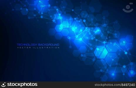 Abstract technology connect blue polygon DNA lines dots geometric background vector illustration.