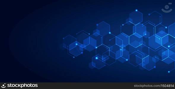 Abstract technology connect concept blue geometric hexagons pattern with glowing light on dark background. Medical, tech or science design. Vector illustration
