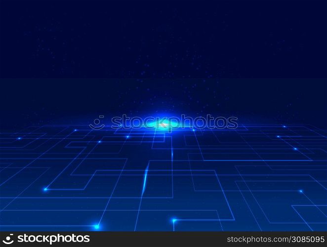 Abstract technology digital concept blue line perspective with glow light on dark background. Vector illustration