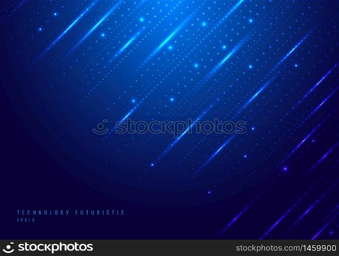 Abstract technology digital futuristic different neon glowing dots particles with lighting on blue background. Big data. Vector illustration