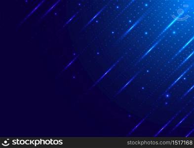 Abstract technology digital futuristic different neon glowing dots particles with lighting on blue background. Big data. Vector illustration