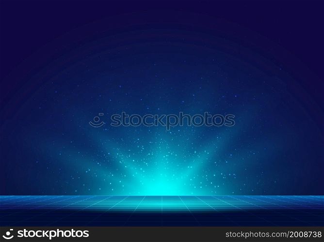 Abstract technology futuristic blue lighting rays rising explosion effect with perspective grid lines way forward background. Vector graphic illustration