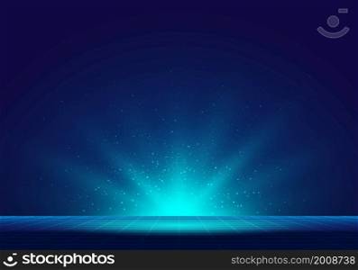 Abstract technology futuristic blue lighting rays rising explosion effect with perspective grid lines way forward background. Vector graphic illustration