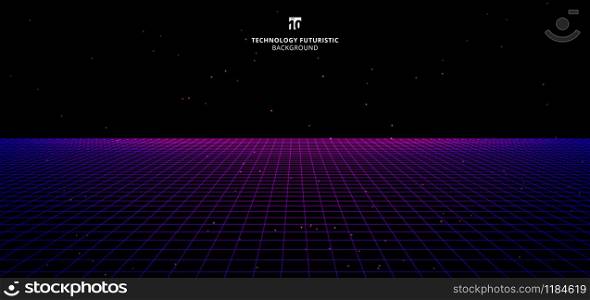 Abstract technology futuristic concept blue and pink grid perspective on black background and lighting, particles with space for your text. Banner web retro style. Vector illustration