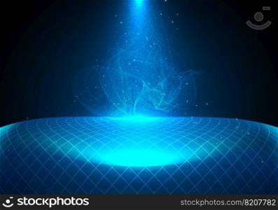 Abstract technology futuristic concept cyberspace blue grid lines and lighting effect with smoke line and dot particles elements on dark background. Vector illustration