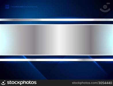 Abstract technology futuristic concept digital of blue light ray diagonal stripes lines texture on dark blue background with metallic silver tab space for your text. Science, energy, Vector illustration