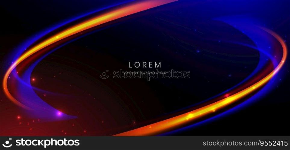 Abstract technology futuristic curved glowing neon blue and orange light ray on dark blue background with lighting effect. Vector illustration