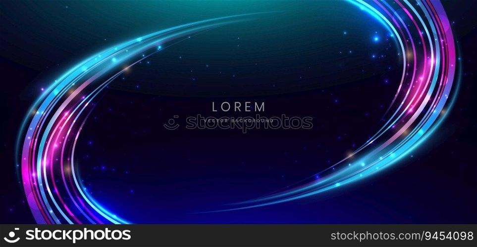 Abstract technology futuristic curved glowing neon blue and pink light lines with speed motion moving on dark blue background. Vector illustration