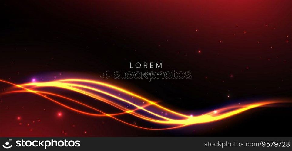 Abstract technology futuristic curved glowing neon red and yellow light ray on dark red background with lighting effect. Vector illustration