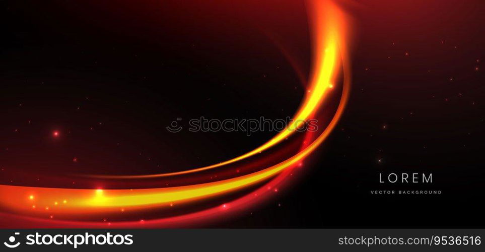 Abstract technology futuristic curved glowing neon yellow and orange light ray on black background with lighting effect. Vector illustration