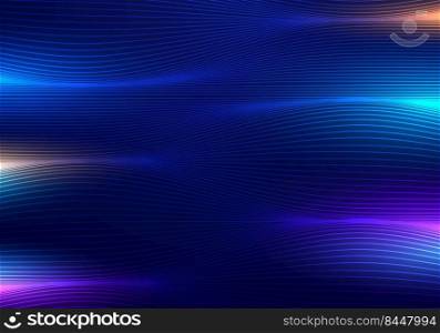 Abstract technology futuristic cyberpunk concept wave lines with glowing neon color effect on dark blue background and texture. Vector illustration
