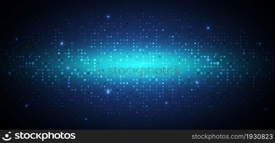 Abstract technology futuristic digital concept dot pattern with lighting glowing particles square elements on dark blue background. Vector illustration