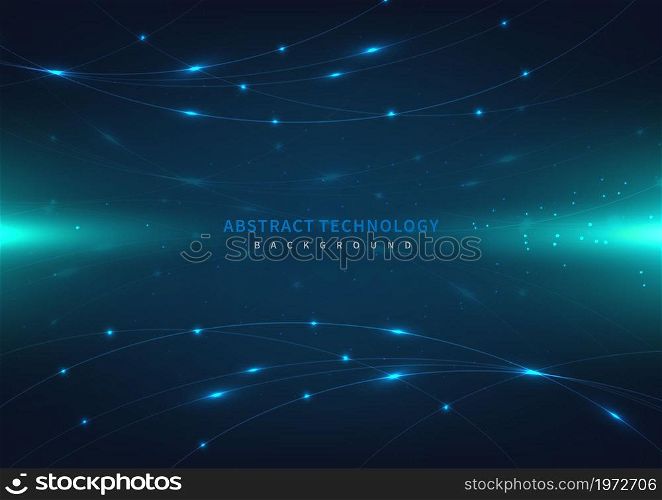 Abstract technology futuristic digital concept laser curved lines pattern with lighting glowing particles on dark blue background. Vector illustration