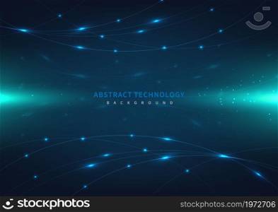 Abstract technology futuristic digital concept laser curved lines pattern with lighting glowing particles on dark blue background. Vector illustration